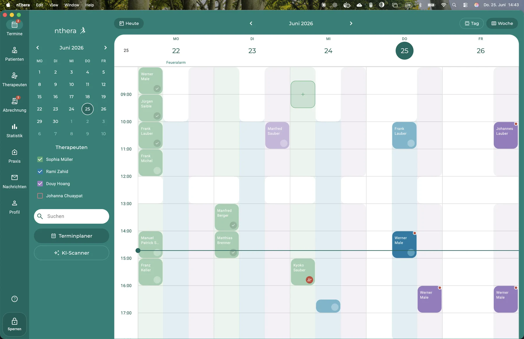 Yintaro Kalender, Wochenansicht mit Therapeuten und Terminen